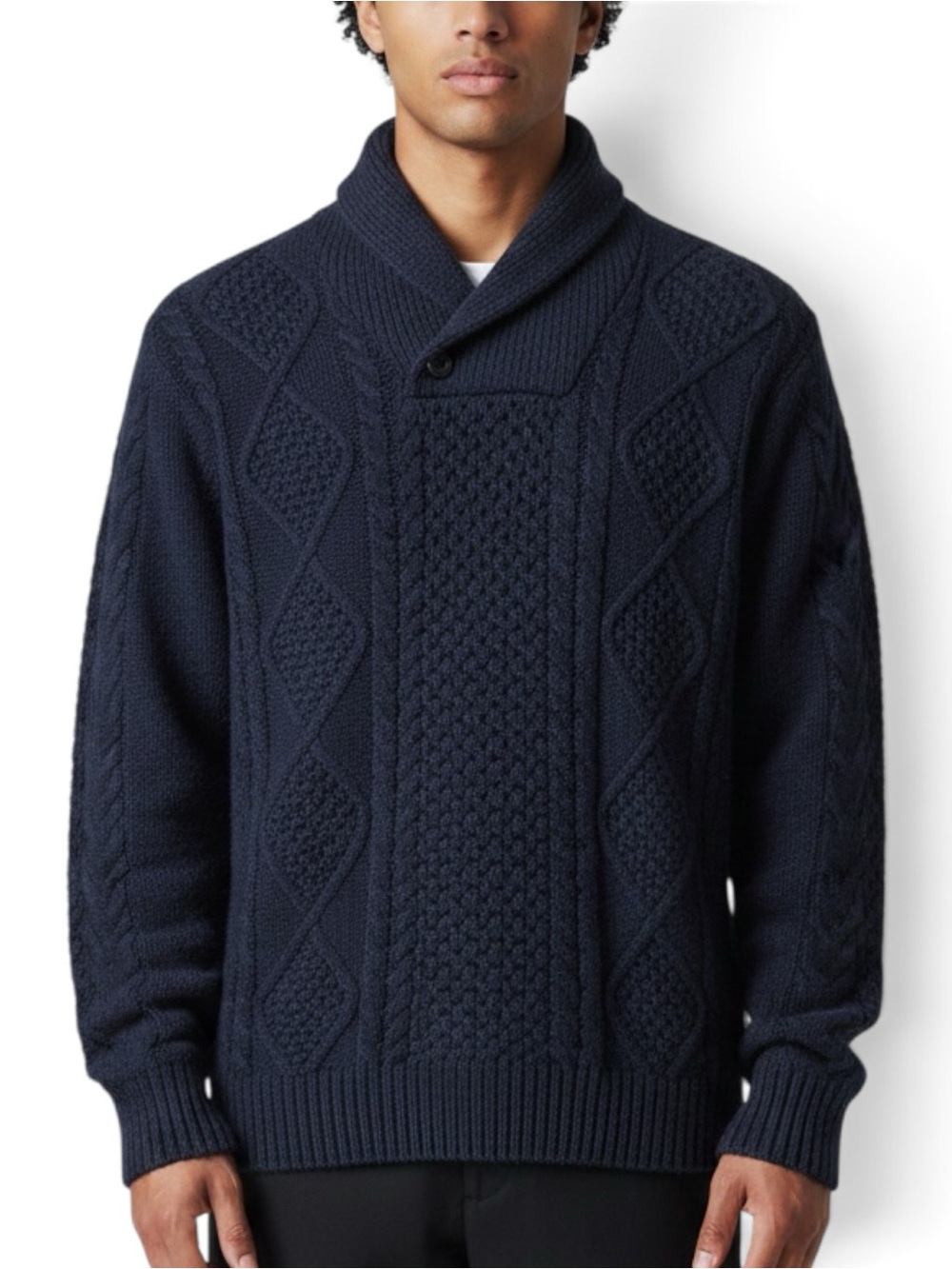 Nordstrom Lambswool Wool Fisherman Sweater Men L Blue Knit Shawl Collar